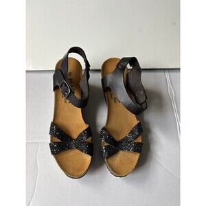 Plakton women’s platform sandals black glitter Cork Wedge